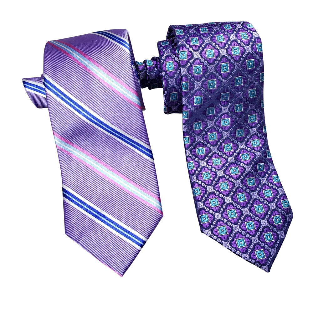Hickey Freeman 1899 Purple Silk Tie Lot Striped Geometric Medallion 2 Pack